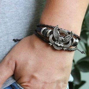 Silver Eagle Hand Braided Black Genuine Leather Bracelet!